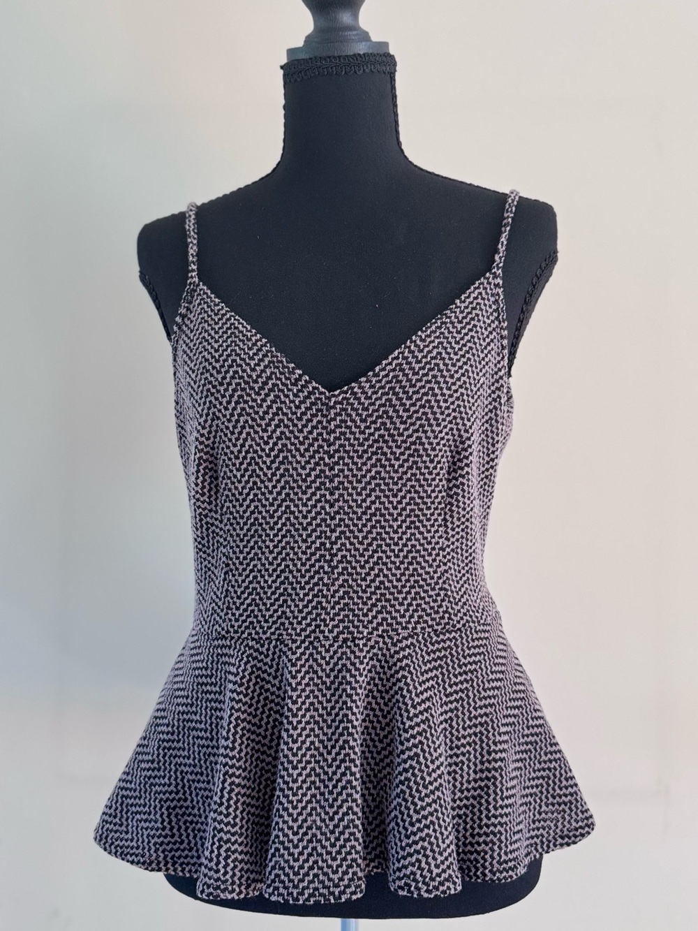 Lovely Day Spaghetti Strap V‑Neck Peplum Top in Black and White